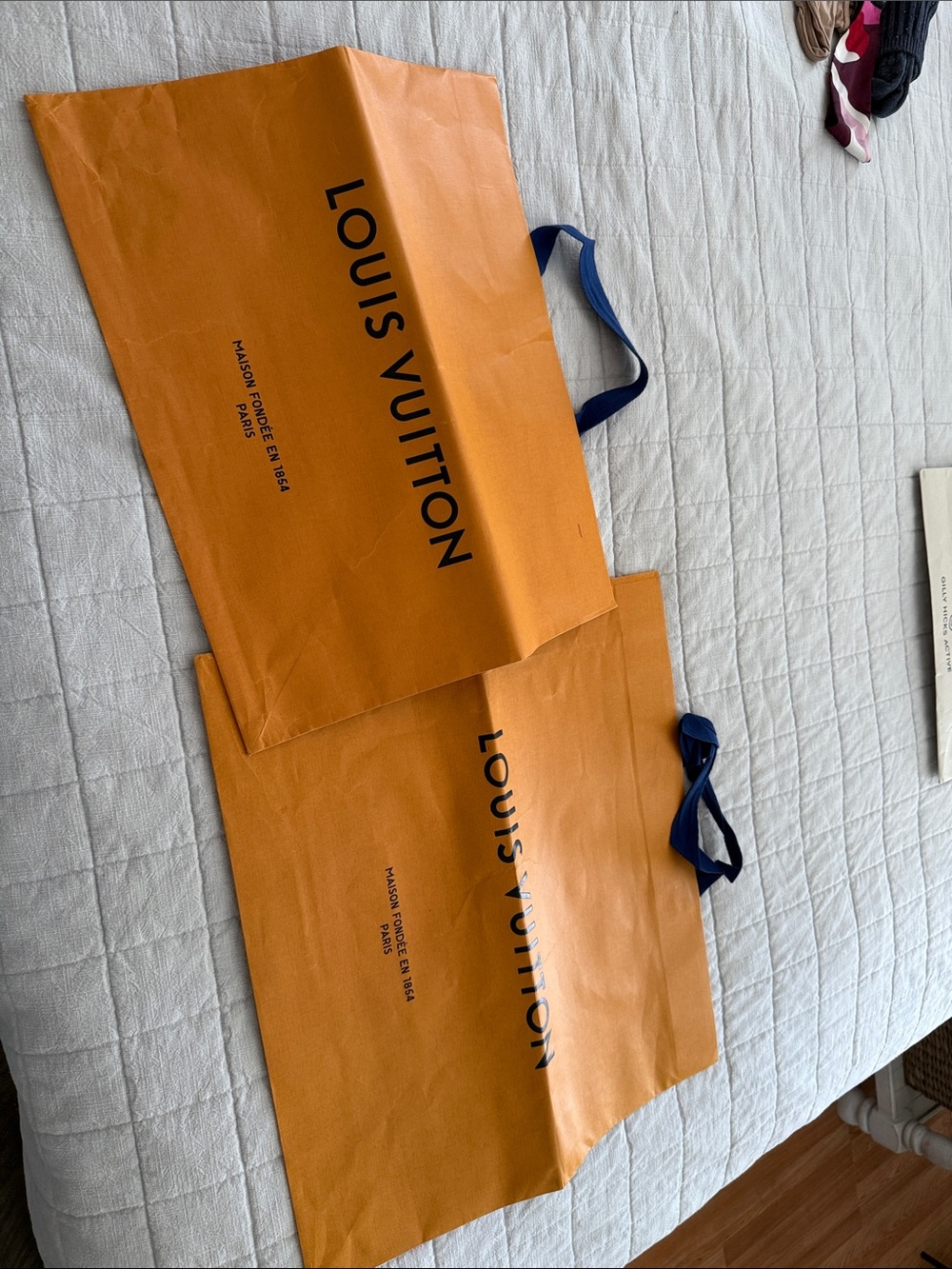 Louis Vuitton Orange Shopping Bags with Blue Ribbon Handles (Pair)
